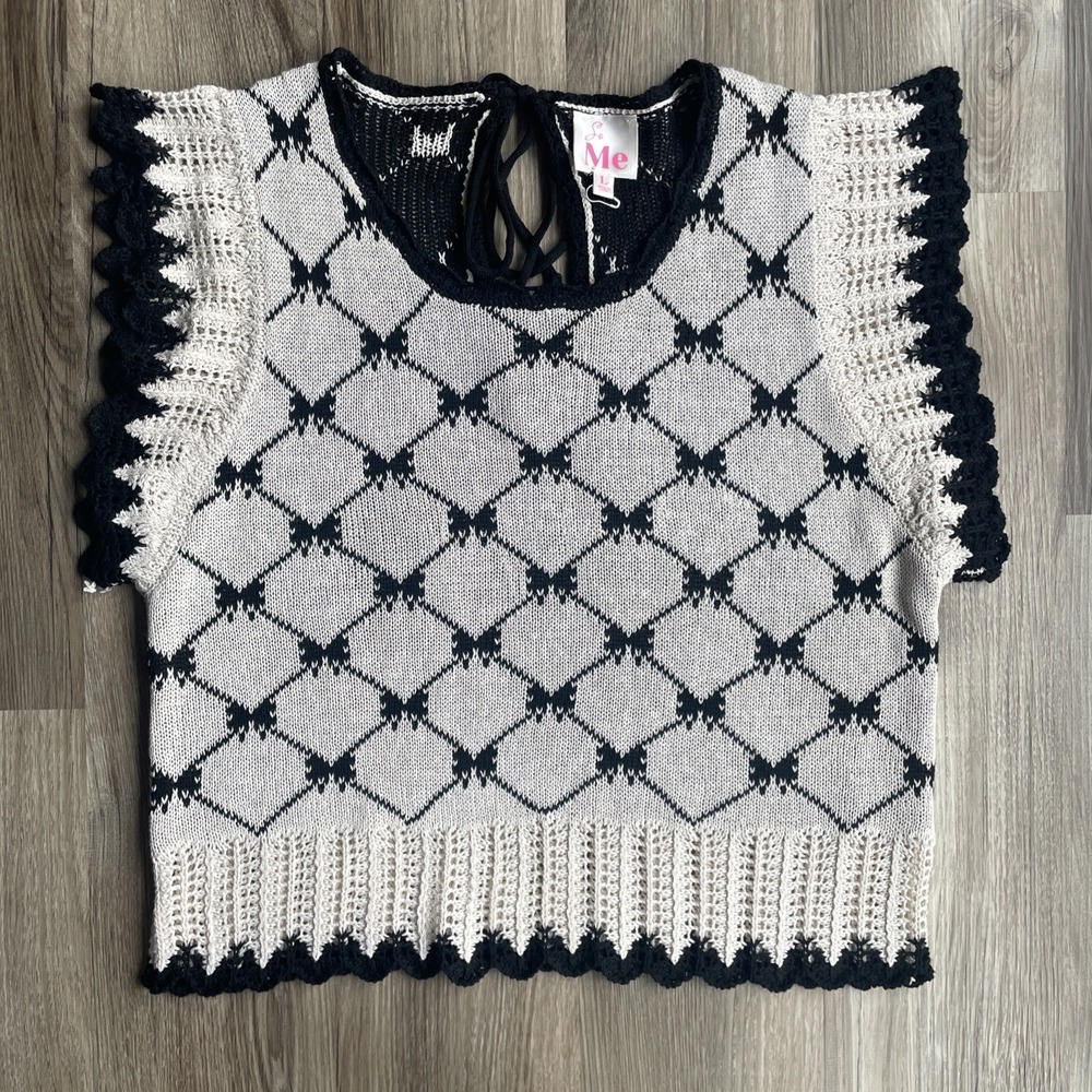 So Me Black White Diamond Bow Crochet Knit Ruffle Coquette Girly Whimsigoth L - Picture 2 of 6